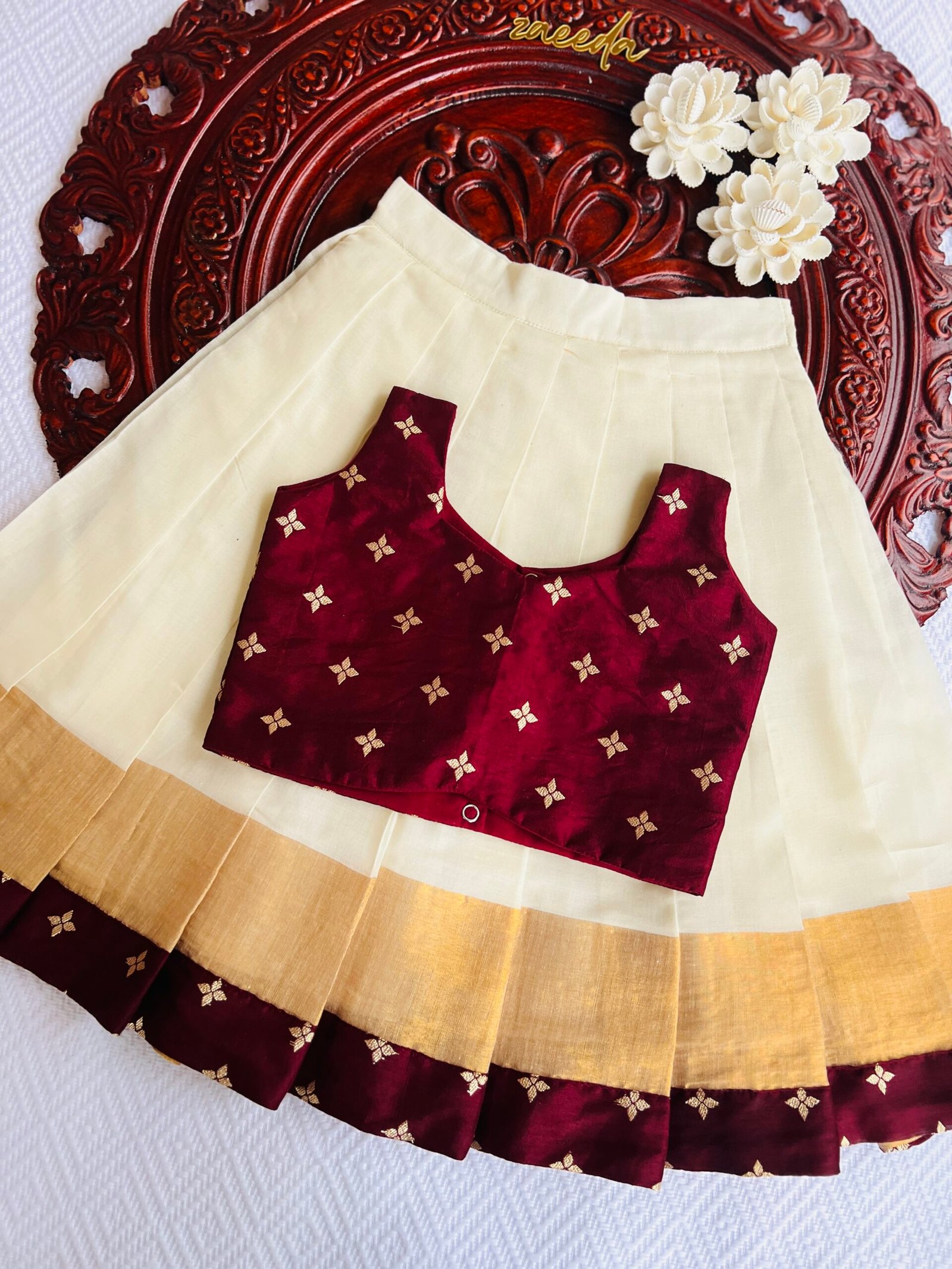 KERALA KASAVE COTTON BROUN & NAVIBLU SKIRT & TOP