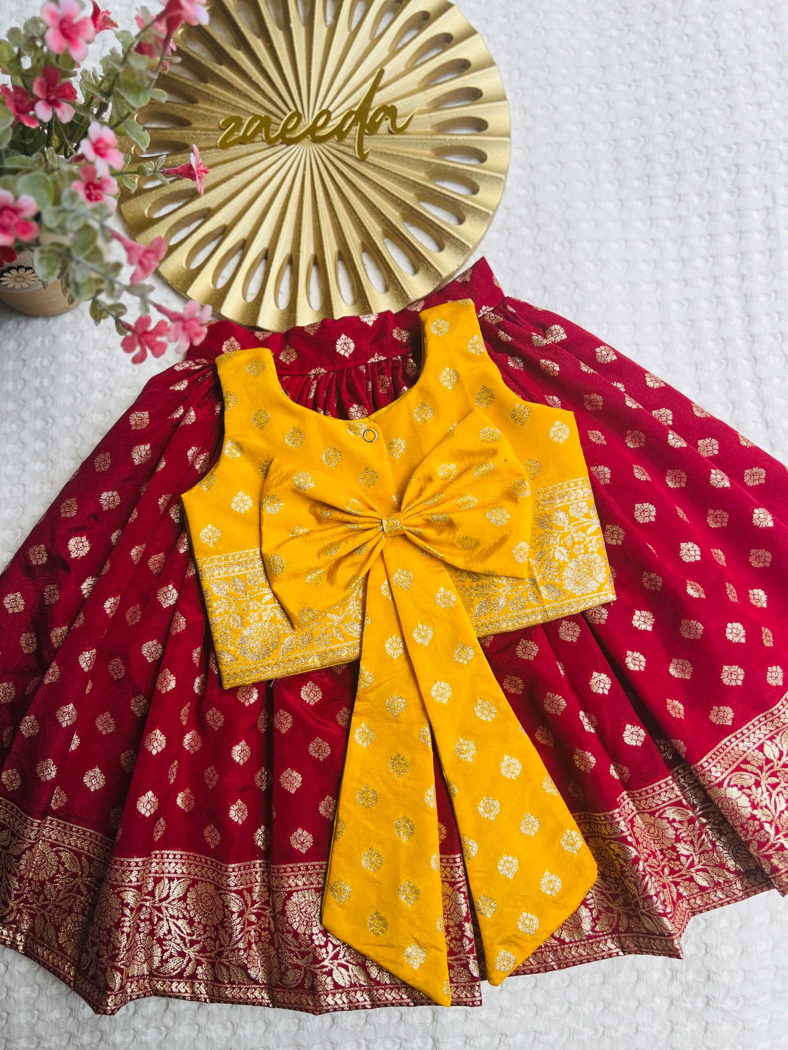 CHANDERI SILK RED AND YELLOW SKIRT AND CROP TOP - Image 2