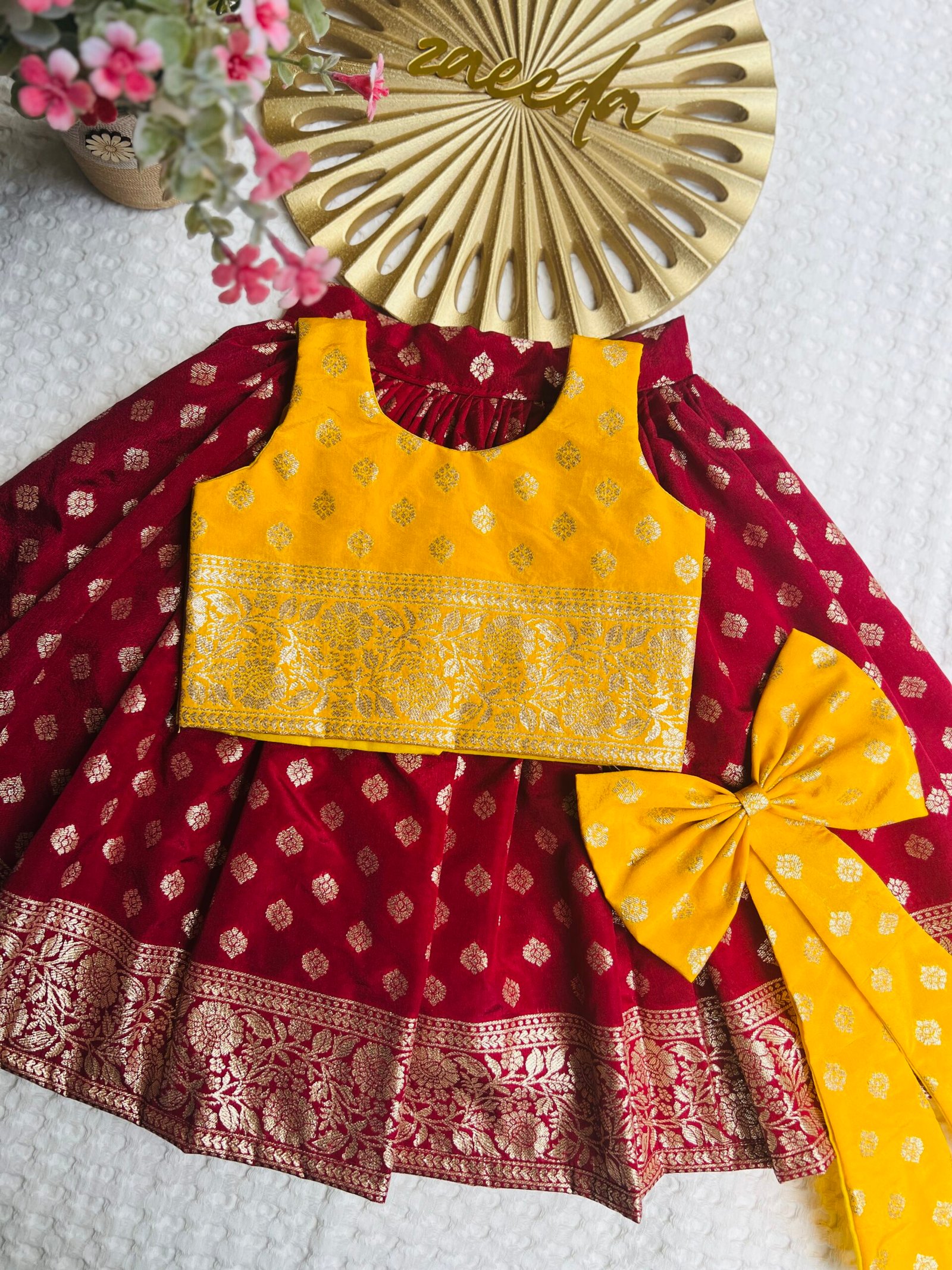 CHANDERI SILK RED AND YELLOW SKIRT AND CROP TOP - Image 3