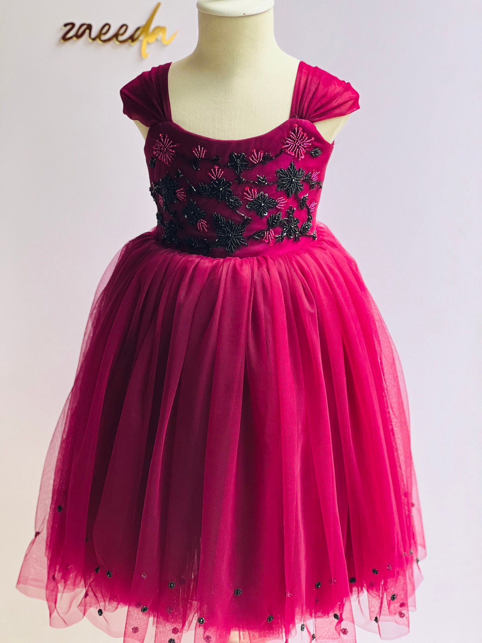 BIRTHDAY FROCK WINE COLOUR WITH HEAVY HAND WORK