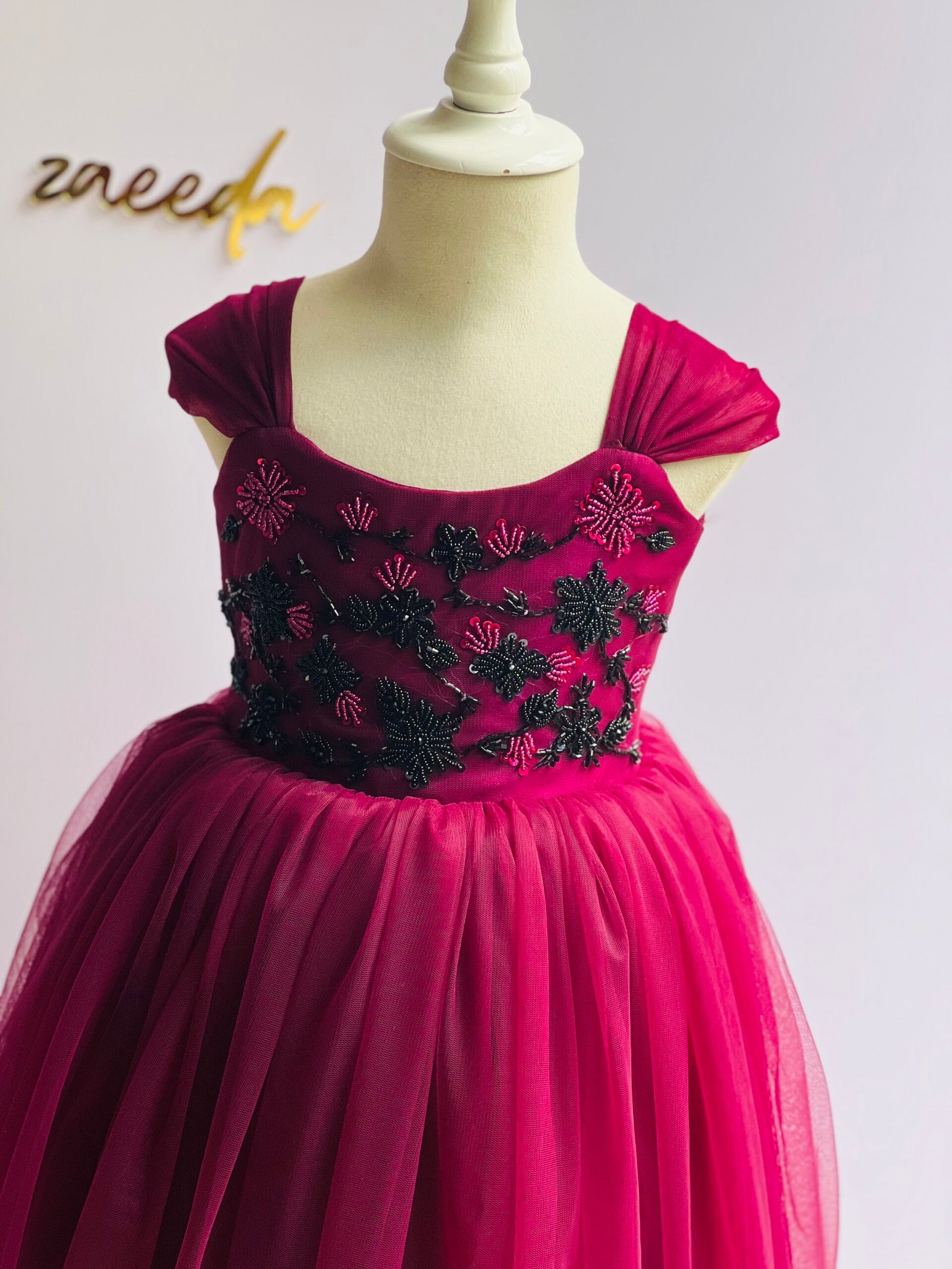 BIRTHDAY FROCK WINE COLOUR WITH HEAVY HAND WORK - Image 4