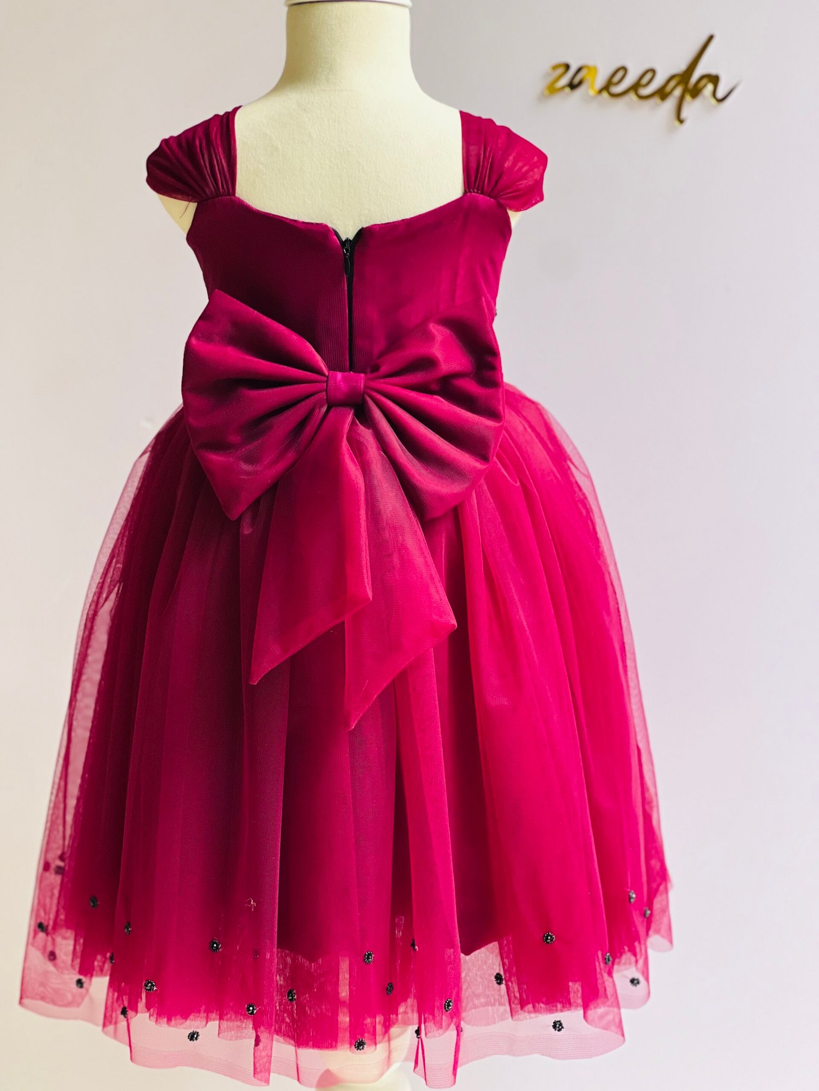 BIRTHDAY FROCK WINE COLOUR WITH HEAVY HAND WORK - Image 5
