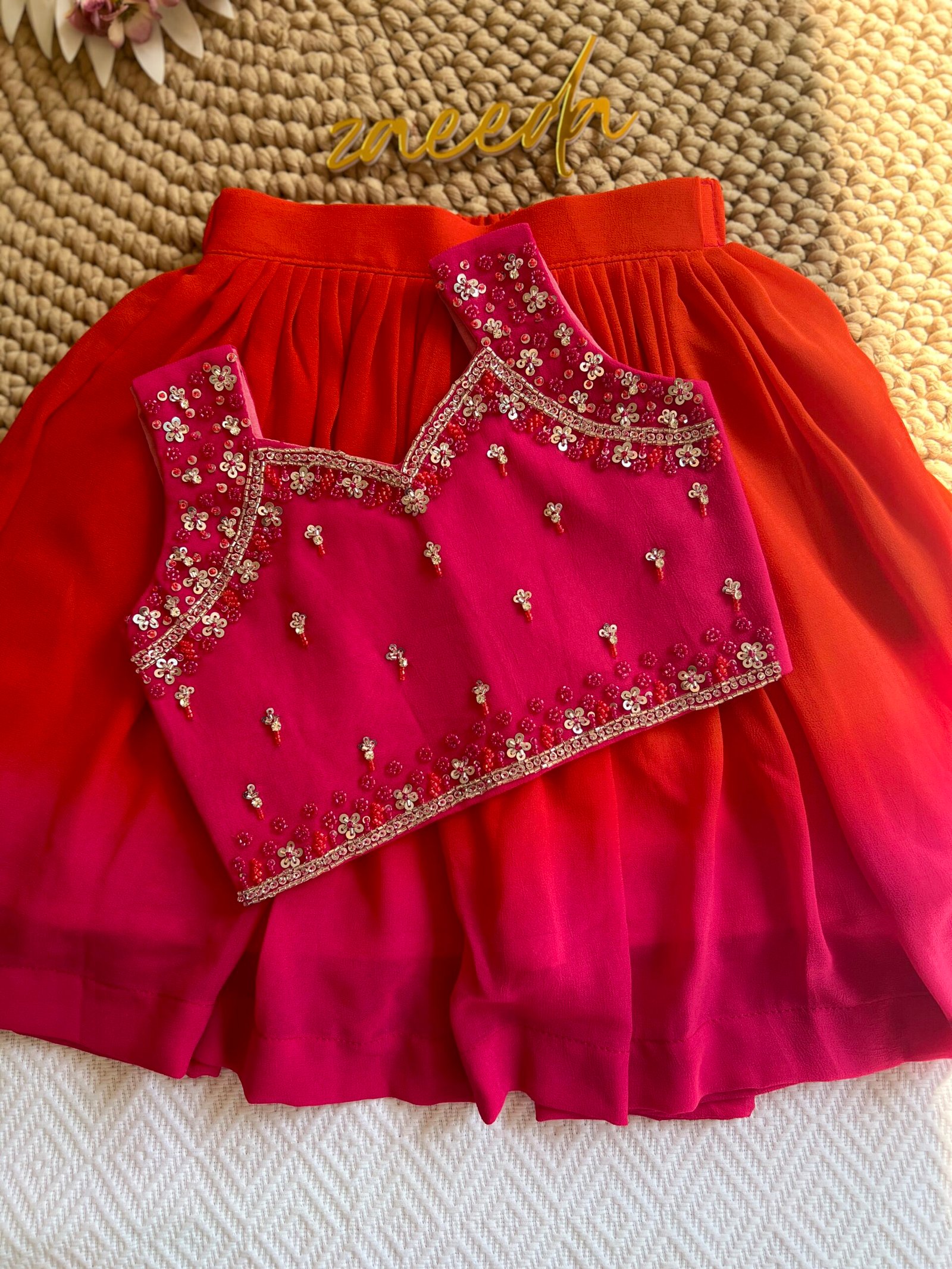 ORANGE AND RANI PINK HAND WORK SKIRT AND TOP - Image 5