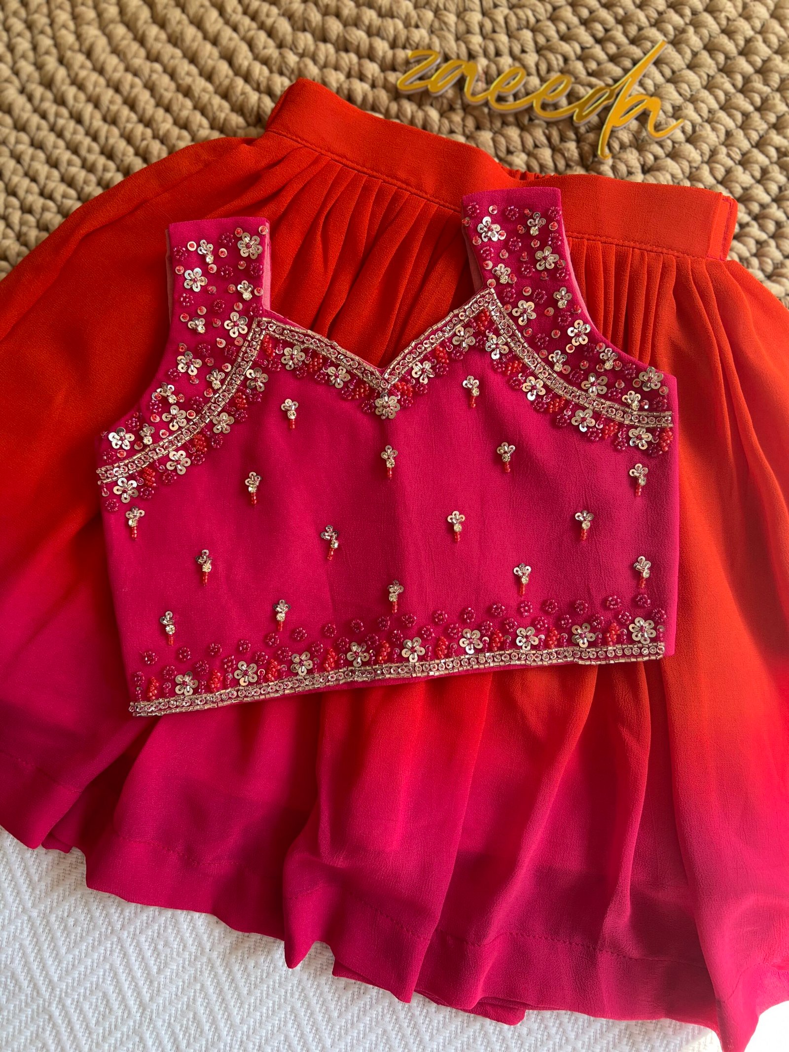 ORANGE AND RANI PINK HAND WORK SKIRT AND TOP