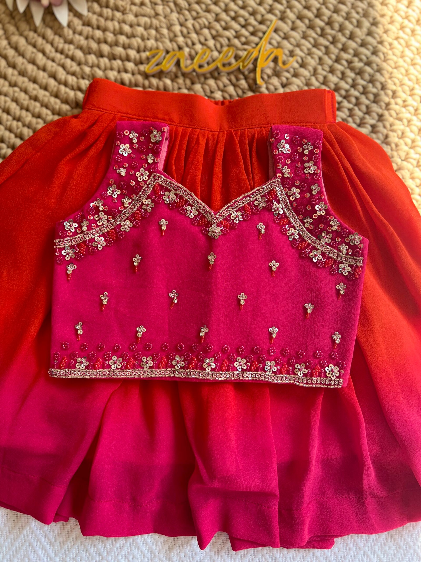 ORANGE AND RANI PINK HAND WORK SKIRT AND TOP - Image 6