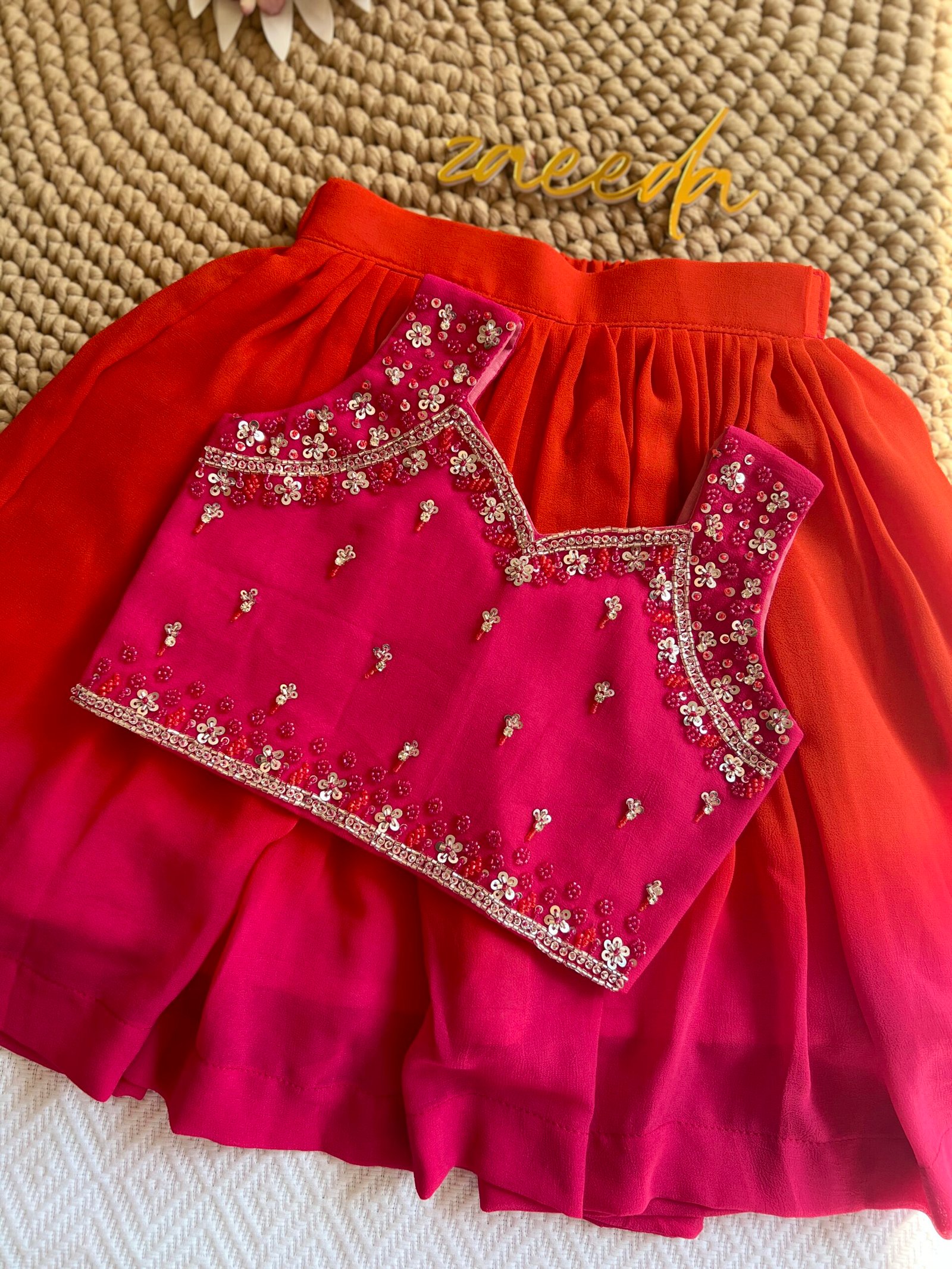 ORANGE AND RANI PINK HAND WORK SKIRT AND TOP - Image 4