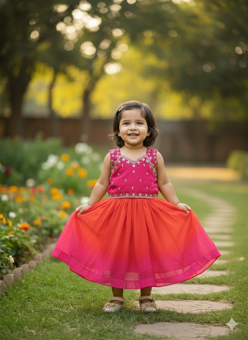 ORANGE AND RANI PINK HAND WORK SKIRT AND TOP - Image 3