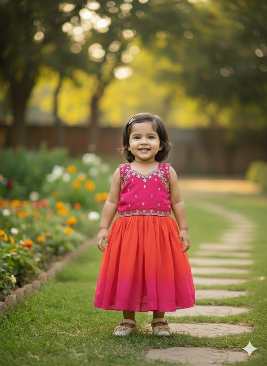 ORANGE AND RANI PINK HAND WORK SKIRT AND TOP - Image 2