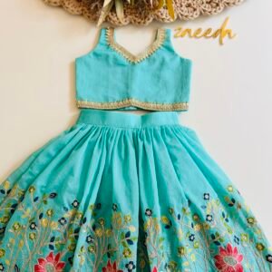 CHANDERI SILK SKY BLUE AND PEACH SKIRT AND TOP