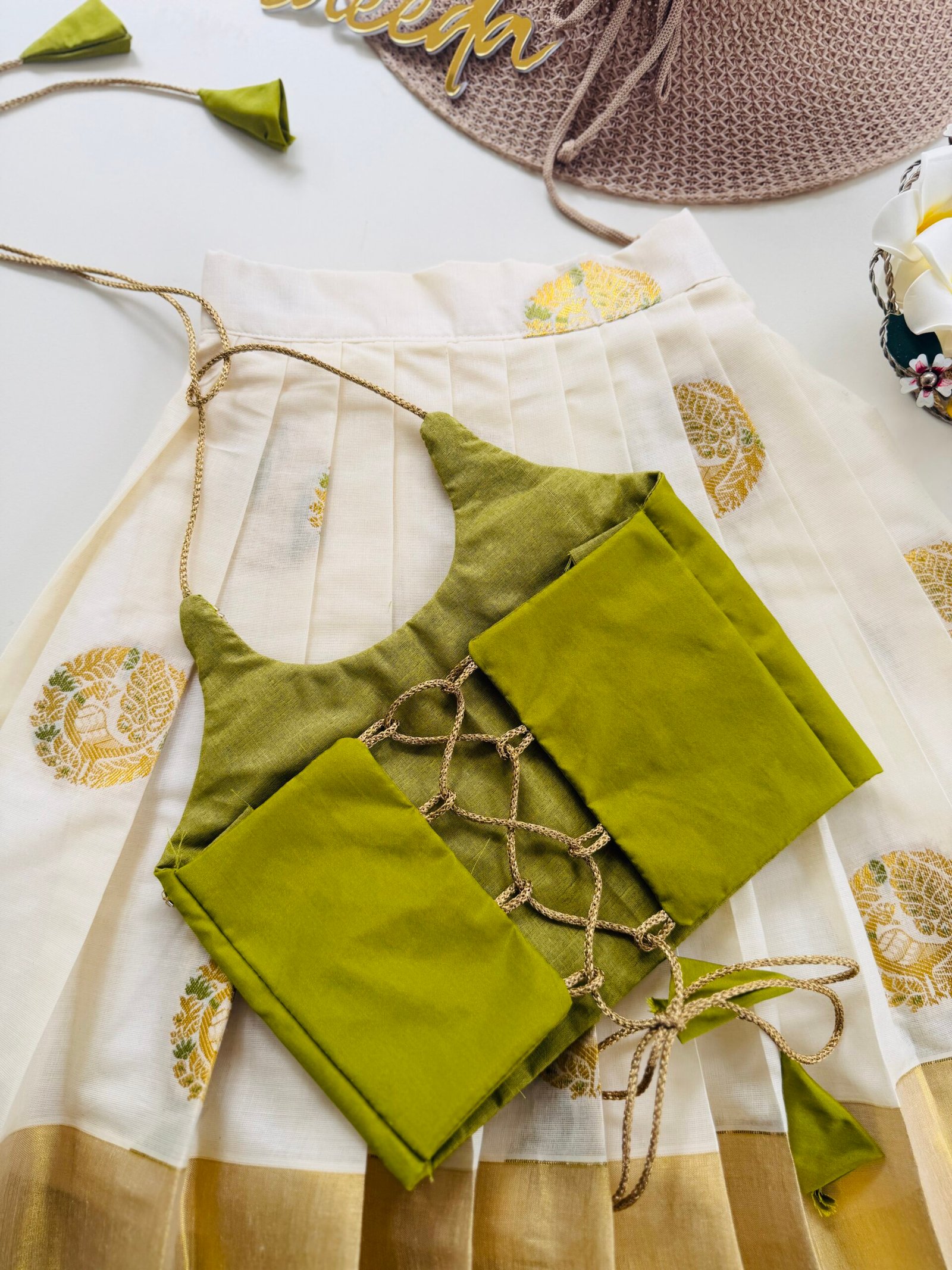 COTTON KASAVE OLIVE GREEN PATTUPAVADA SETS - Image 5