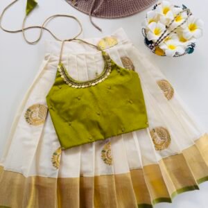 COTTON KASAVE OLIVE GREEN PATTUPAVADA SETS