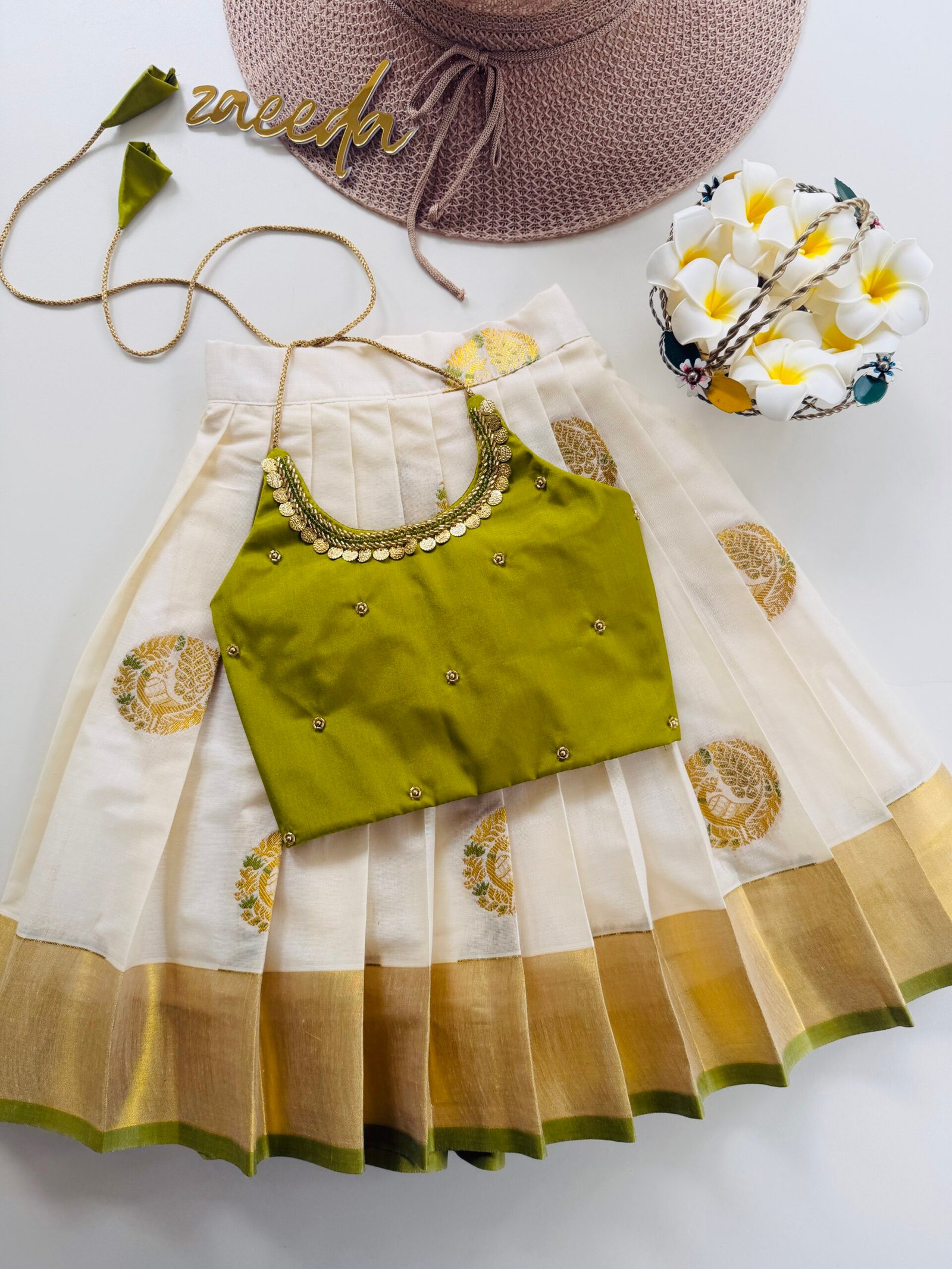 COTTON KASAVE OLIVE GREEN PATTUPAVADA SETS