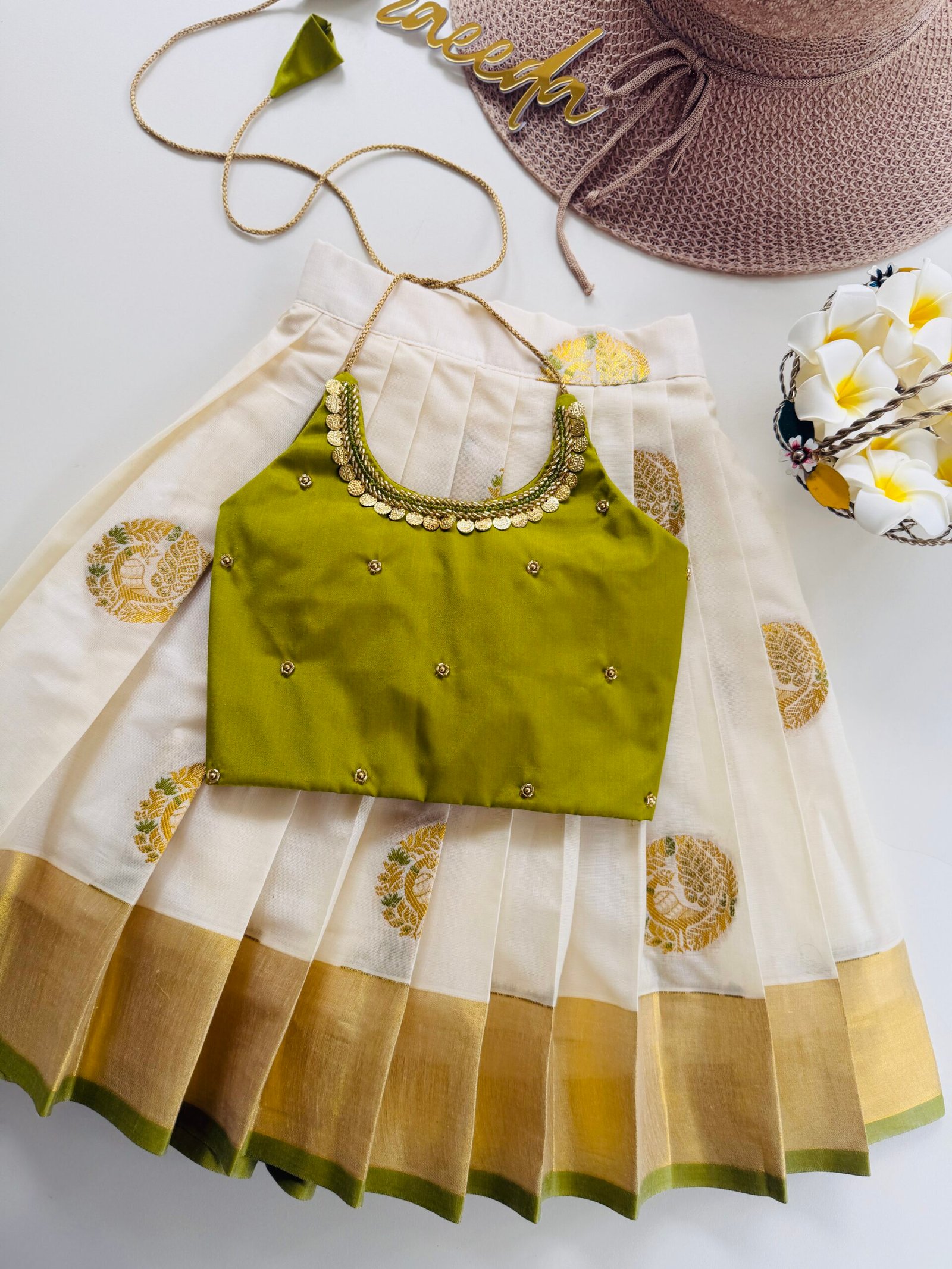 COTTON KASAVE OLIVE GREEN PATTUPAVADA SETS - Image 3