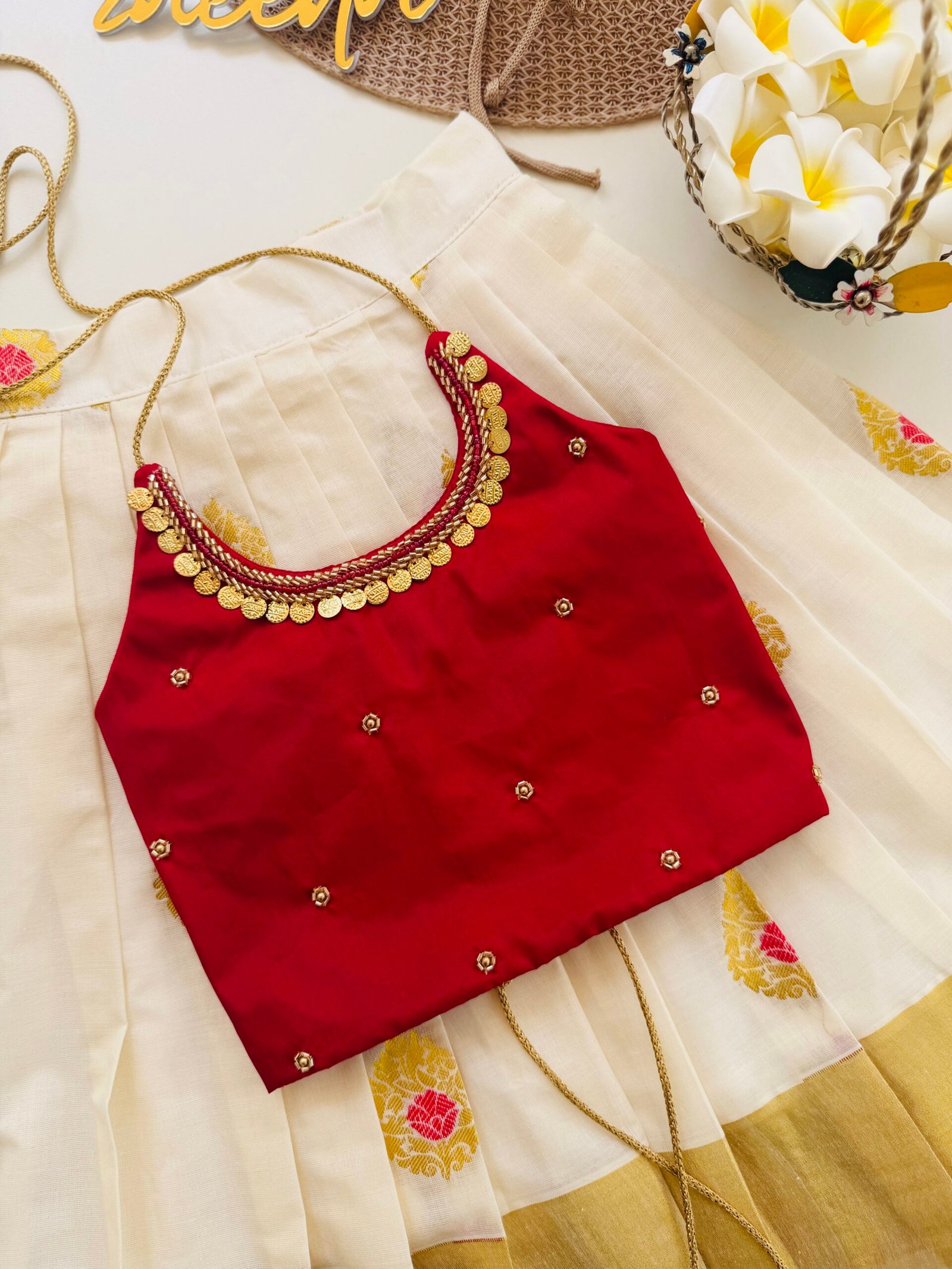 COTTON KASAVE OLIVE GREEN PATTUPAVADA SETS - Image 2