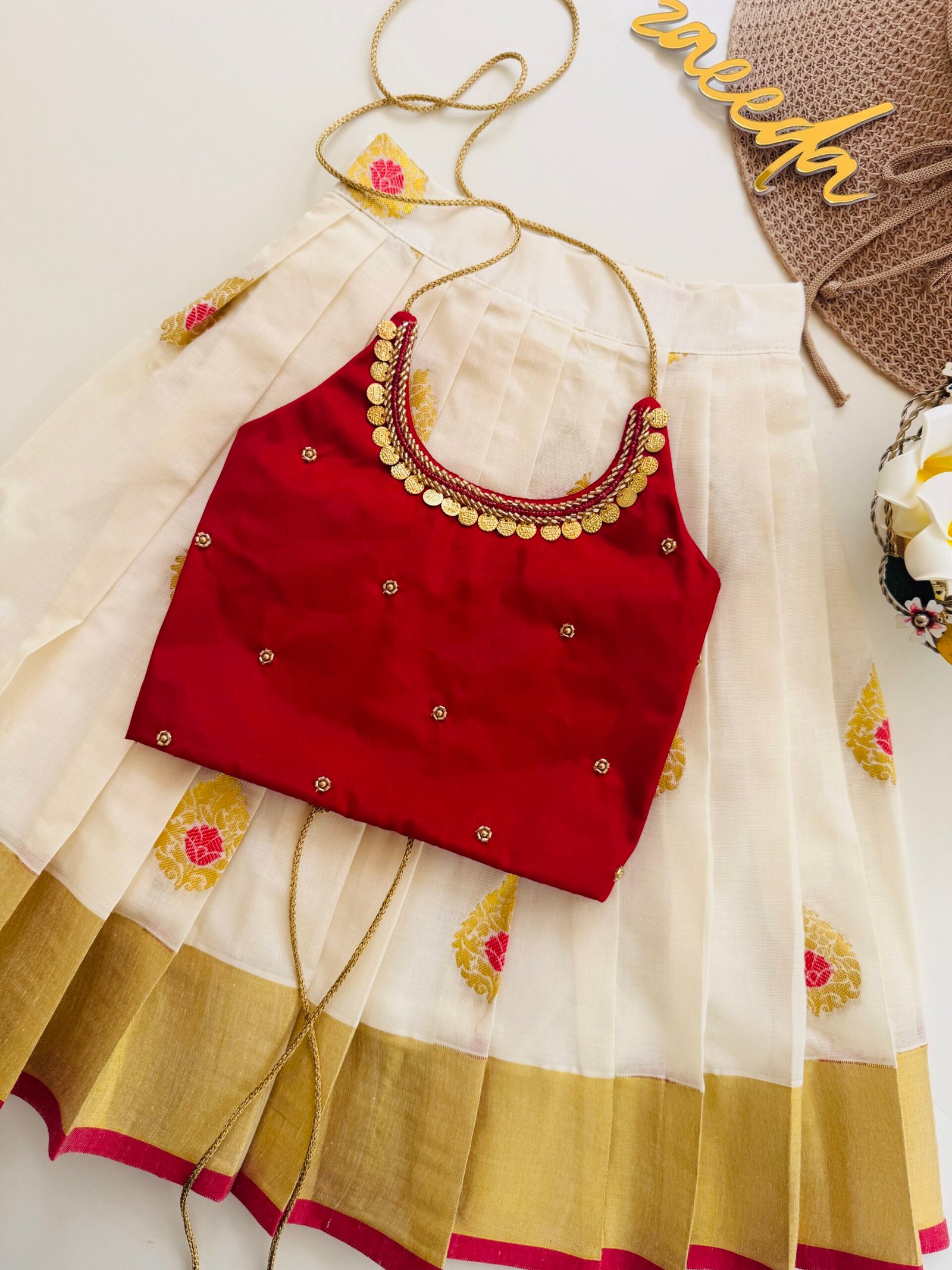 COTTON KASAVE OLIVE GREEN PATTUPAVADA SETS - Image 6