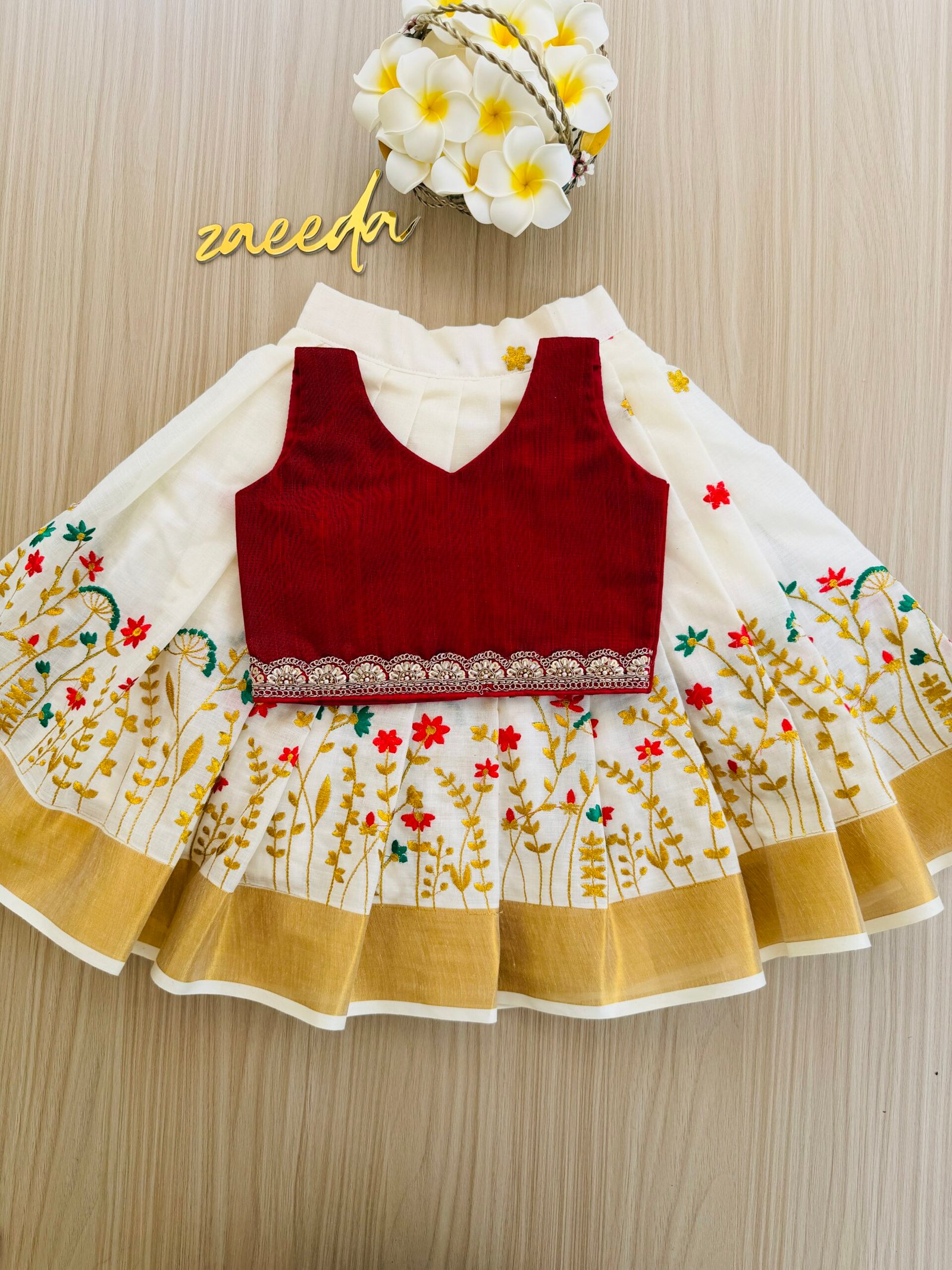 COTTON KASAV RED & GREEN EMBROIDERY PATTUPAVADI