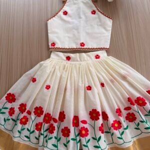 COTTON KASAV EMBROIDERY RED AND MARUN FLOWERS