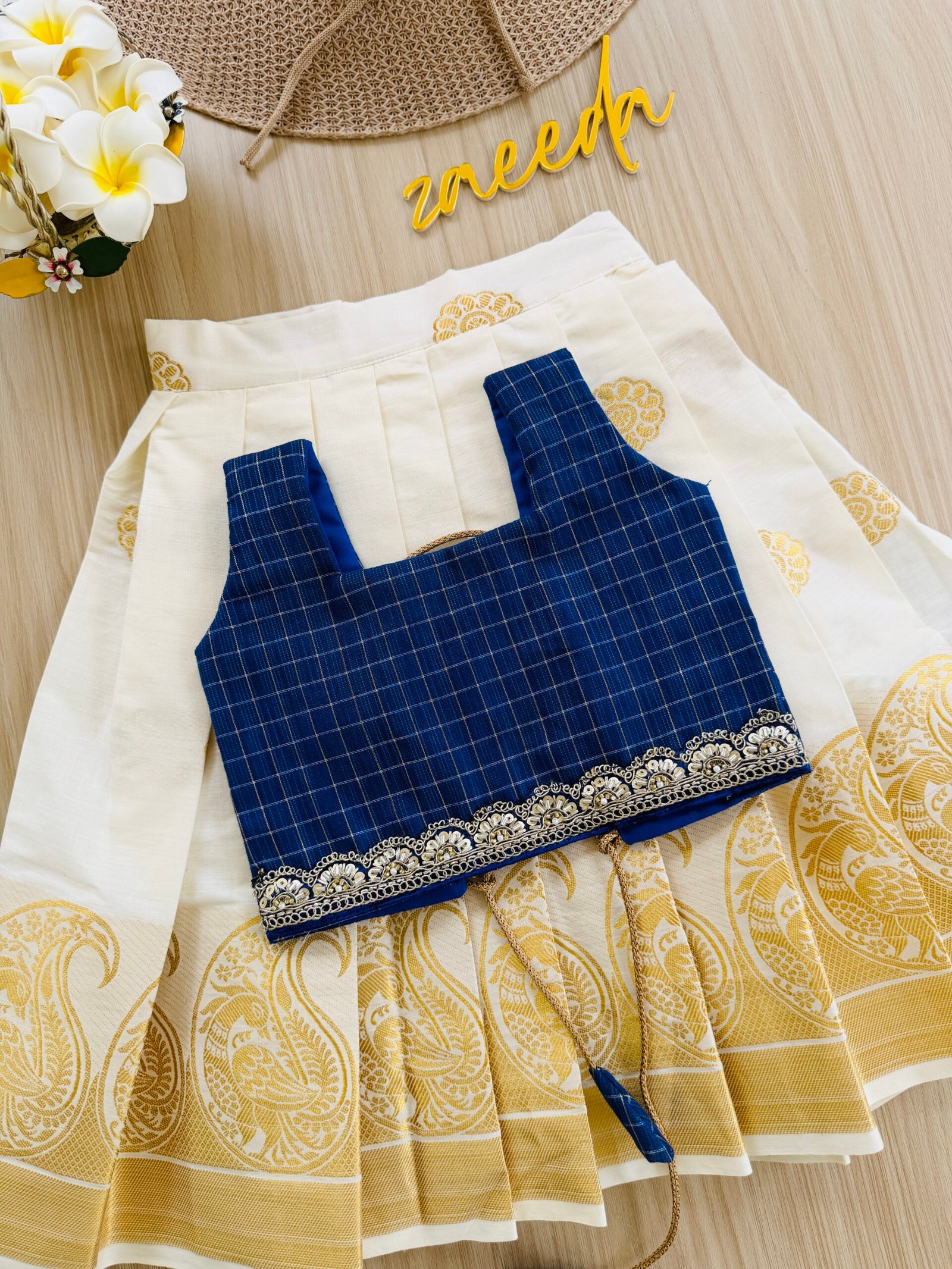 COTTON KASAVE SKIRT & BLUE ,RED,MAGENTA TOP PATTUPAVADA - Image 7