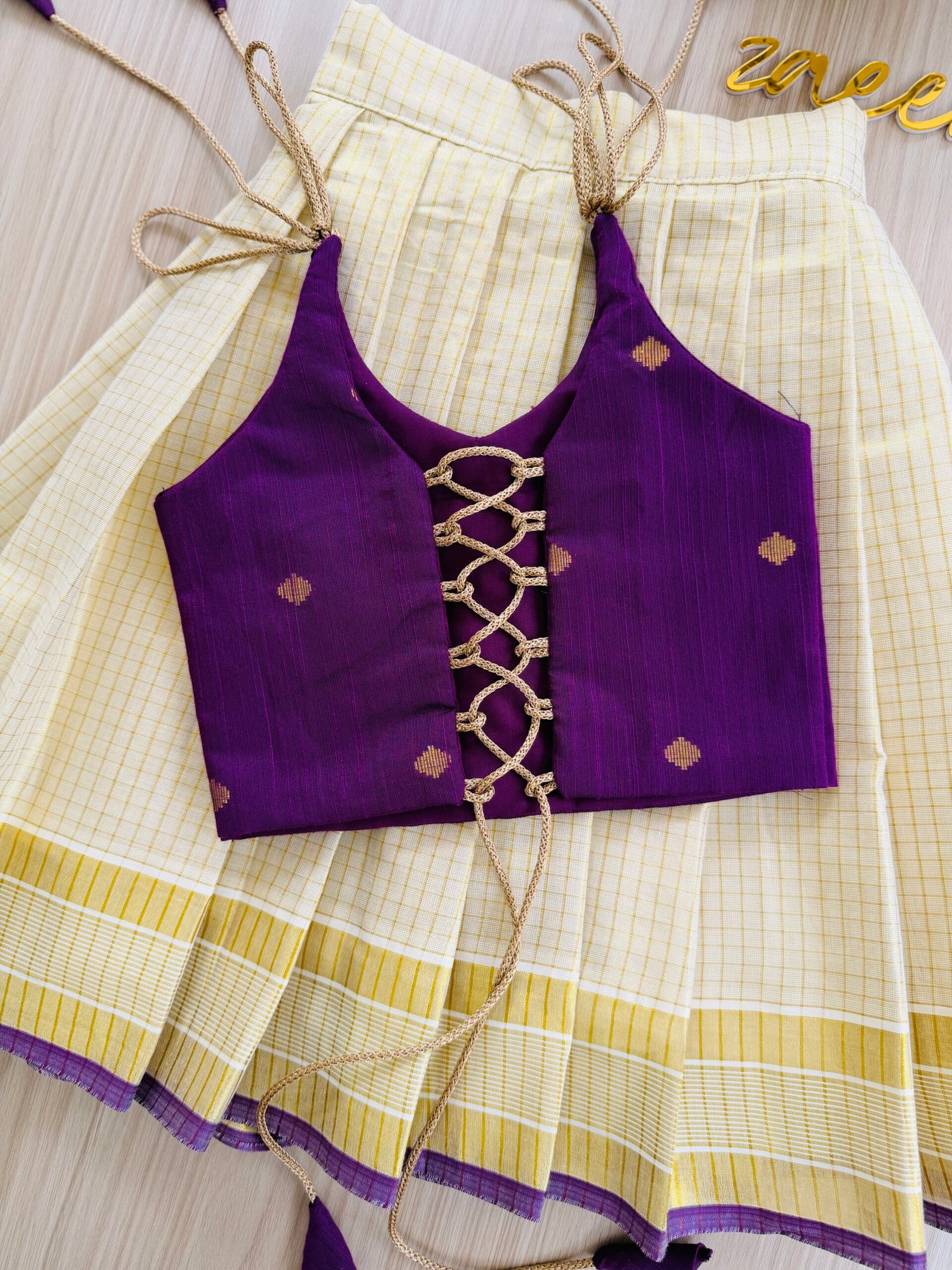 COTTON & TISSUE SKIRT ,PURPLE TOP PATTUPAVADA