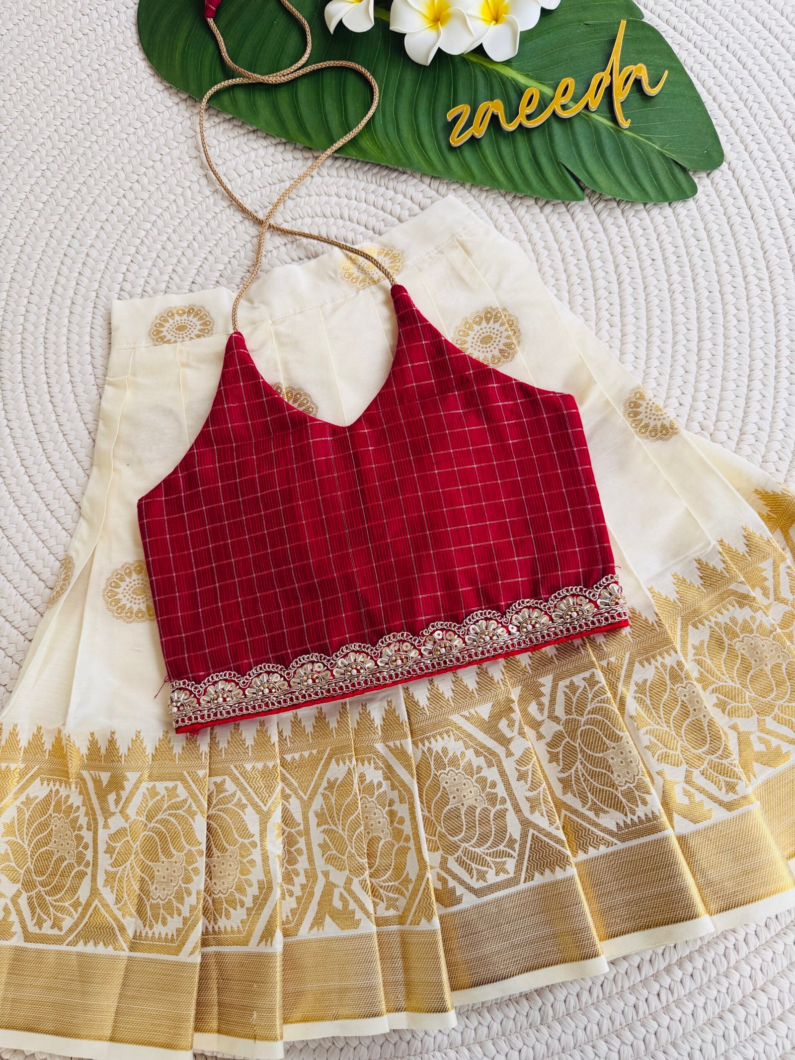 COTTON KASAVE SKIRT & BLUE,RED,MAGENTA TOP PATTUAPAVADA - Image 2