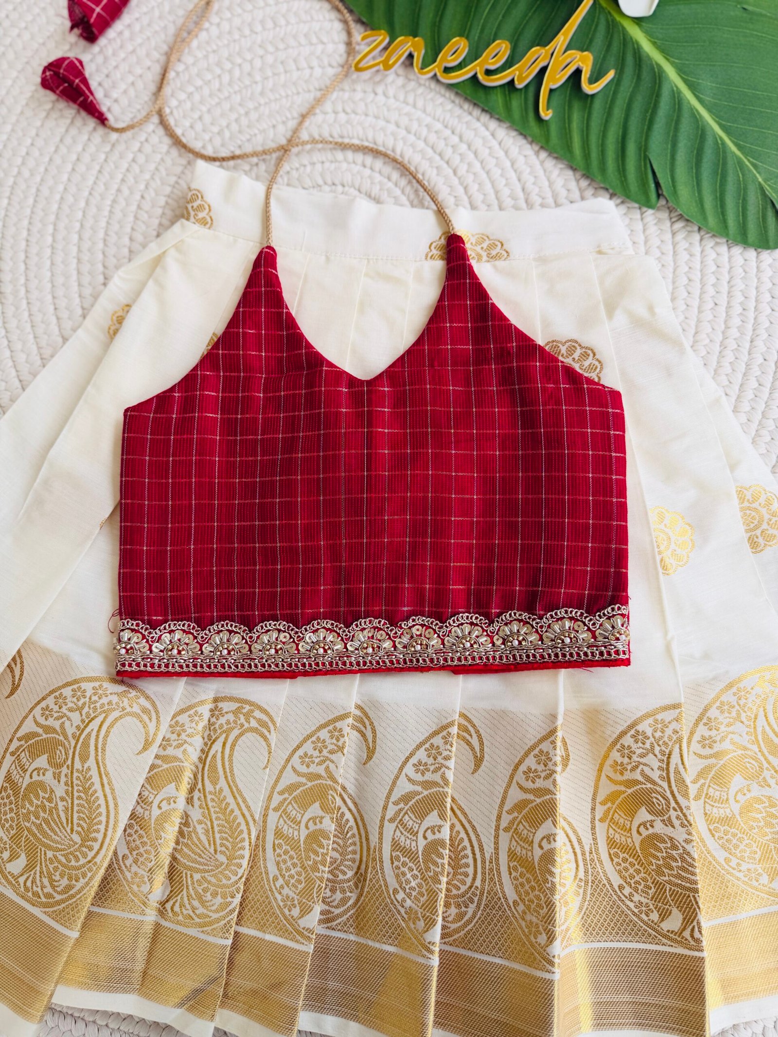 COTTON KASAVE SKIRT & BLUE ,RED,MAGENTA TOP PATTUPAVADA - Image 2