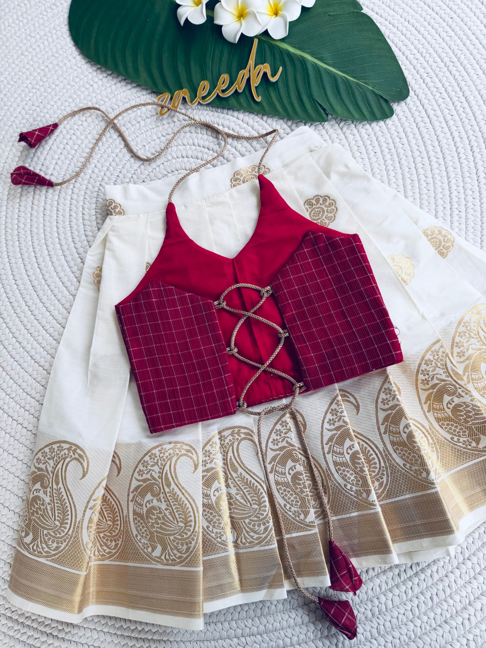 COTTON KASAVE SKIRT & BLUE ,RED,MAGENTA TOP PATTUPAVADA - Image 3