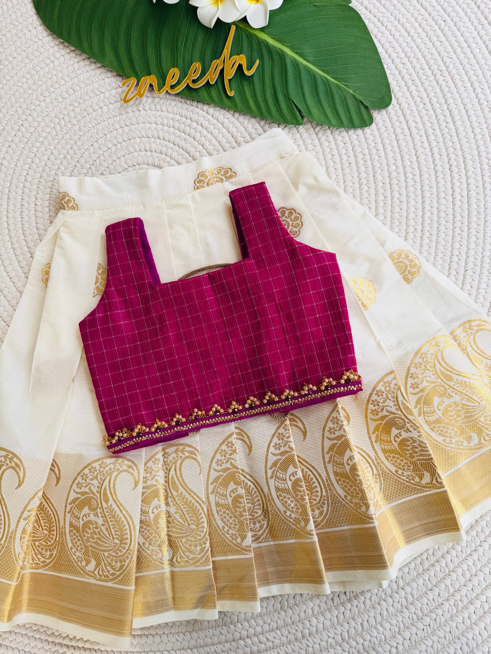 COTTON KASAVE SKIRT & BLUE ,RED,MAGENTA TOP PATTUPAVADA - Image 4