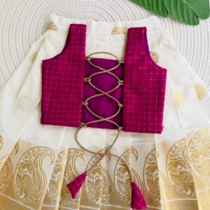 COTTON KASAVE SKIRT & BLUE ,RED,MAGENTA TOP PATTUPAVADA