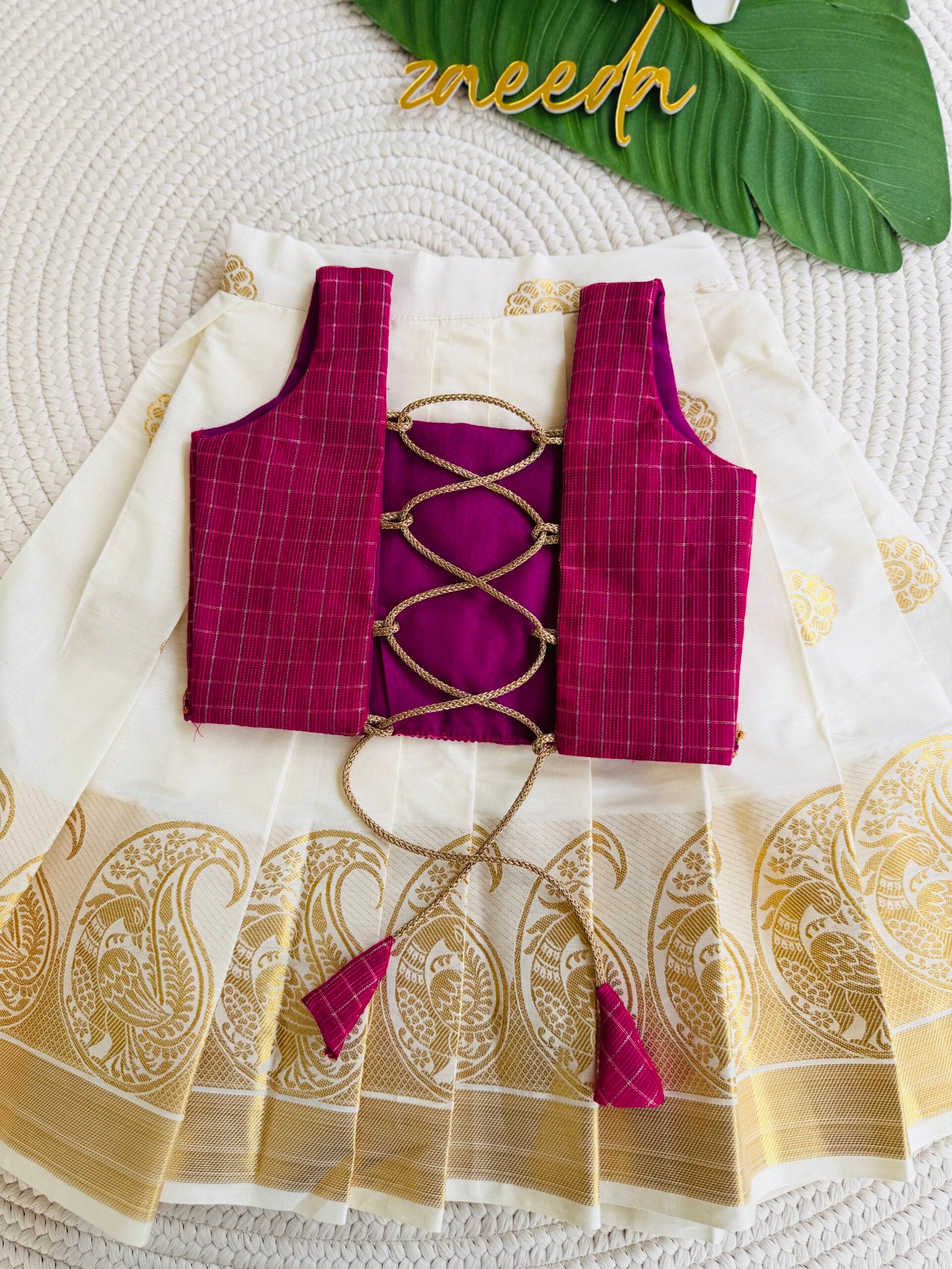 COTTON KASAVE SKIRT & BLUE ,RED,MAGENTA TOP PATTUPAVADA