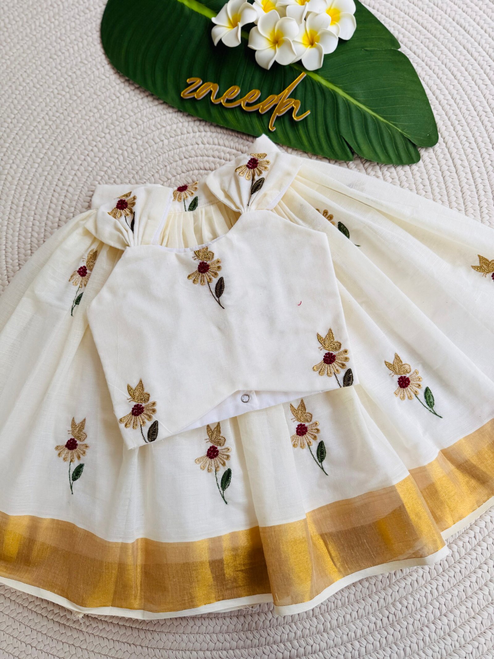 COTTON KASAVE BUTTERFLY EBROIDERY PATTUPAVADA - Image 3