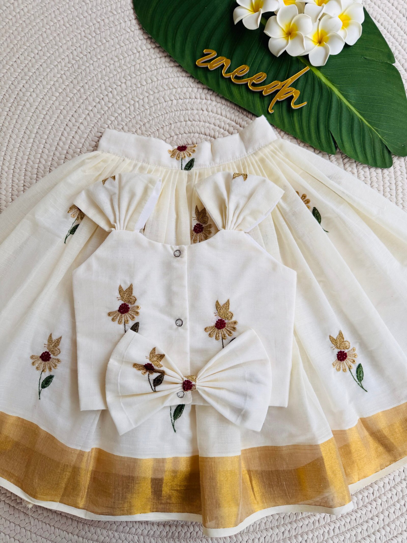 COTTON KASAVE BUTTERFLY EBROIDERY PATTUPAVADA - Image 4