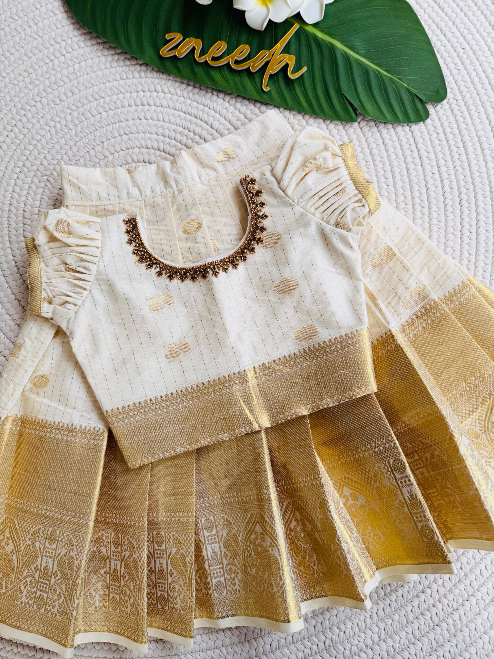 COTTON KASAVE HAND WORK WITH PUFF SLEEVES PATTUPAVADA - Image 3