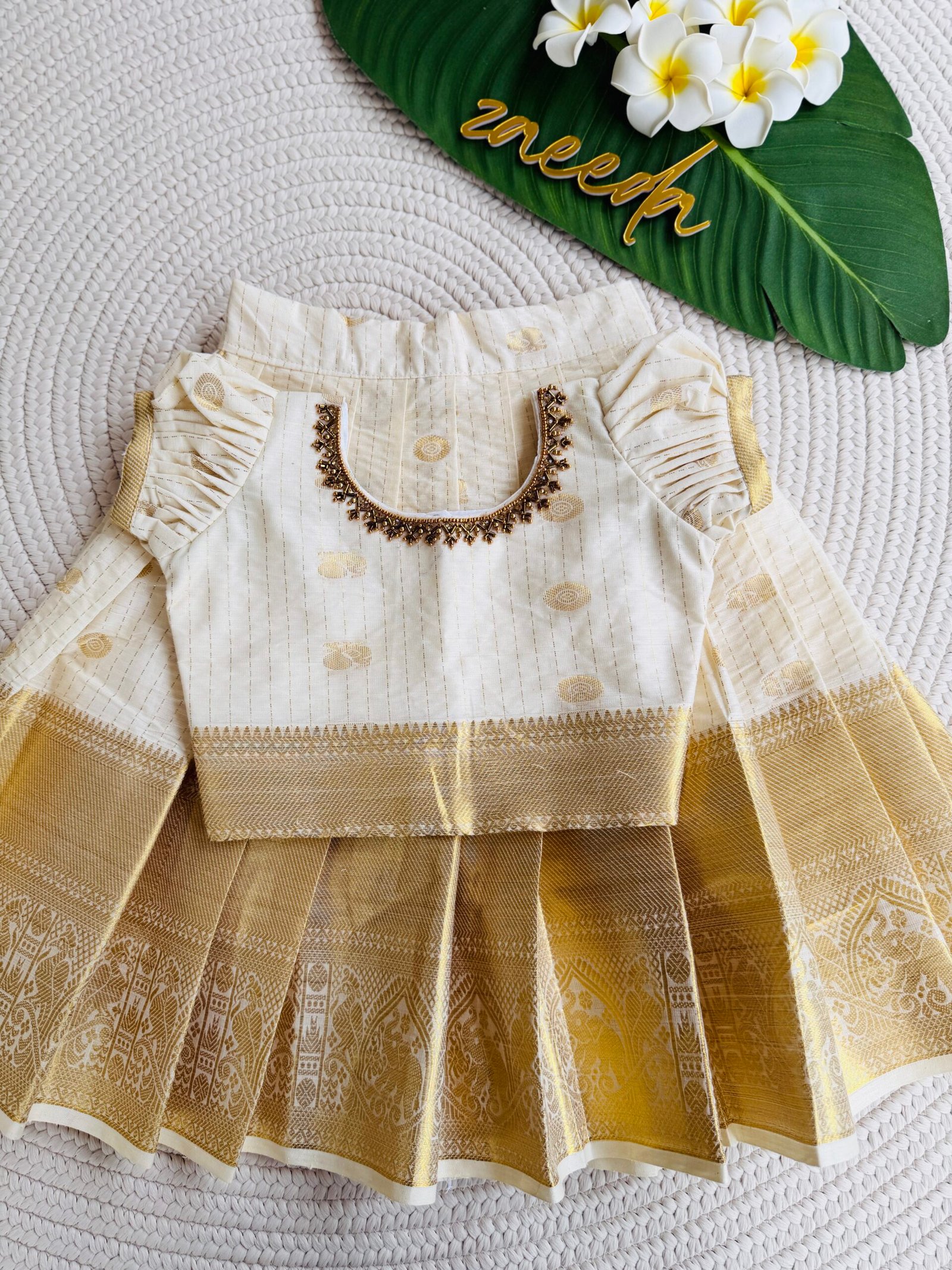 COTTON KASAVE HAND WORK WITH PUFF SLEEVES PATTUPAVADA