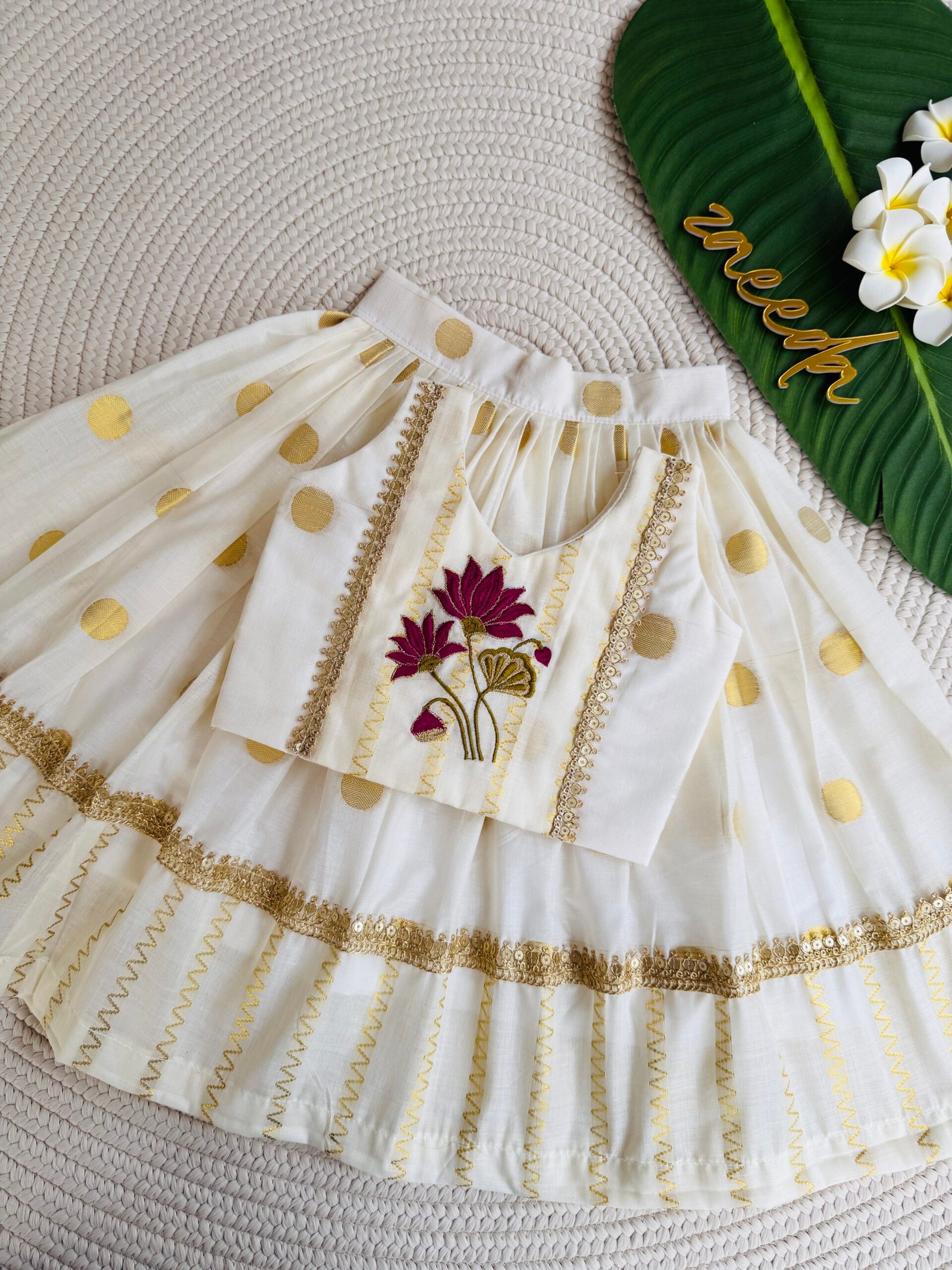 COTTON KASAVE LOTUS EMBROIDERY PATTUPAVADA