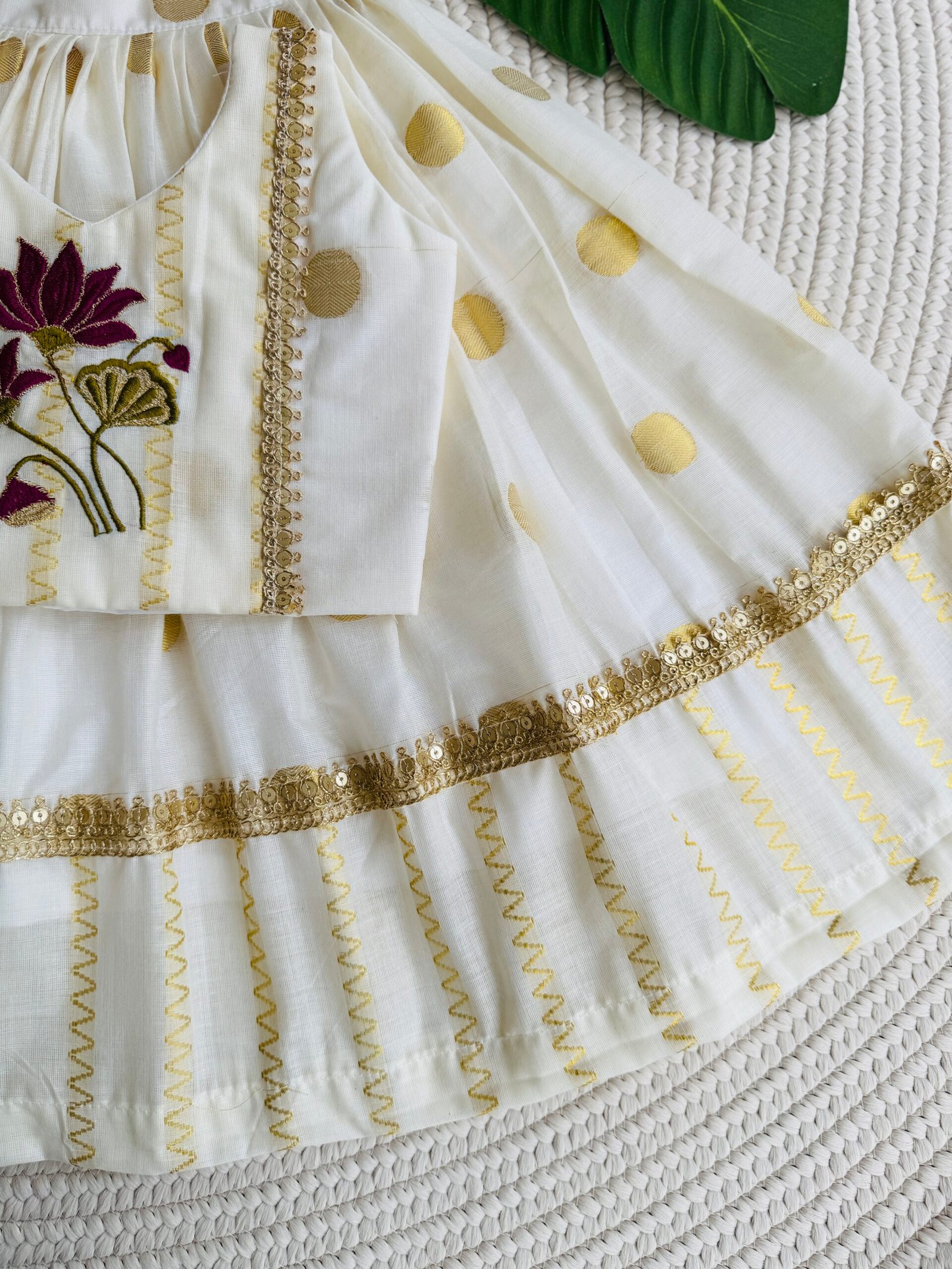 COTTON KASAVE LOTUS EMBROIDERY PATTUPAVADA - Image 2