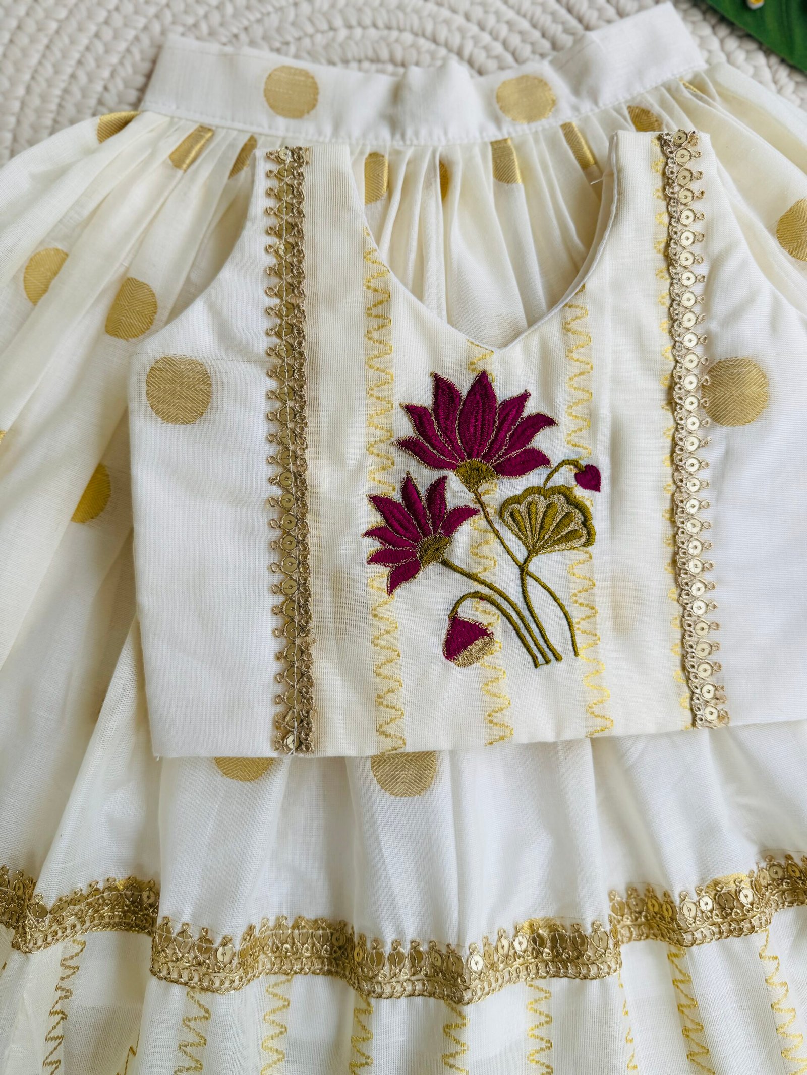 COTTON KASAVE LOTUS EMBROIDERY PATTUPAVADA - Image 5